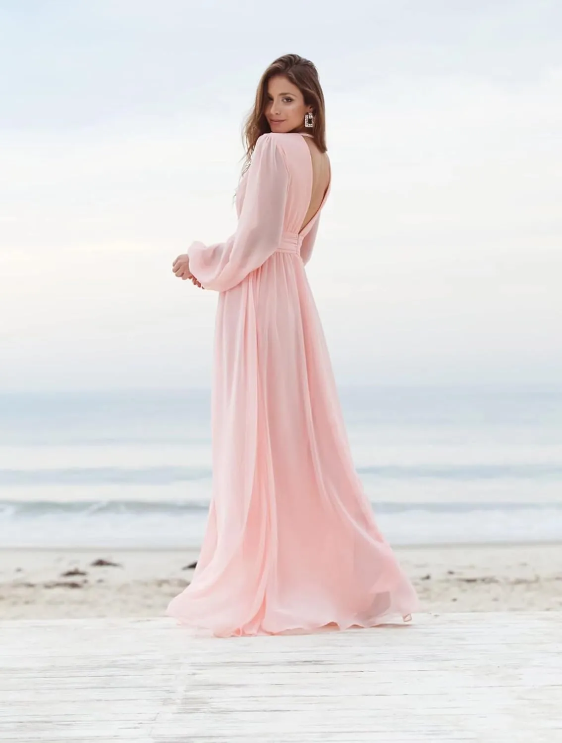 Rmaytiked Long Sleeves Bridesmaid Dresses with Slit V Neck Chiffon Wedding Guest Gowns Formal Evening Dresses for Women