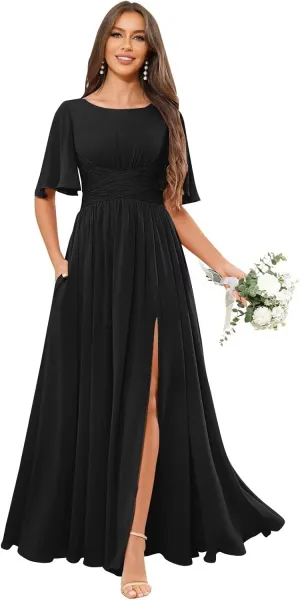 Ruffle Sleeve Chiffon Bridesmaid Dresses with Pockets Slit Long Scoop Neck A Line Wedding Guest Dress