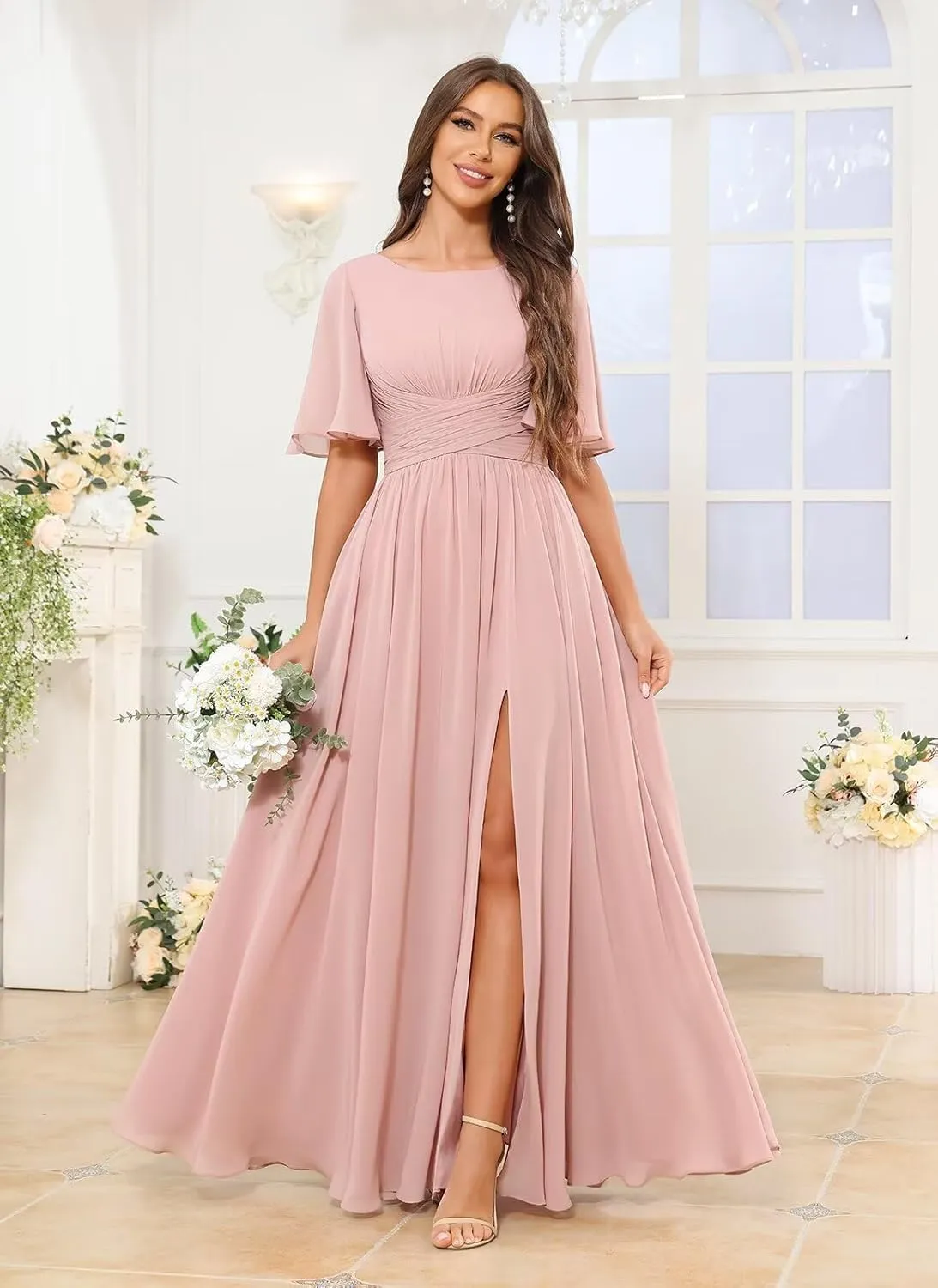 Ruffle Sleeve Chiffon Bridesmaid Dresses with Pockets Slit Long Scoop Neck A Line Wedding Guest Dress