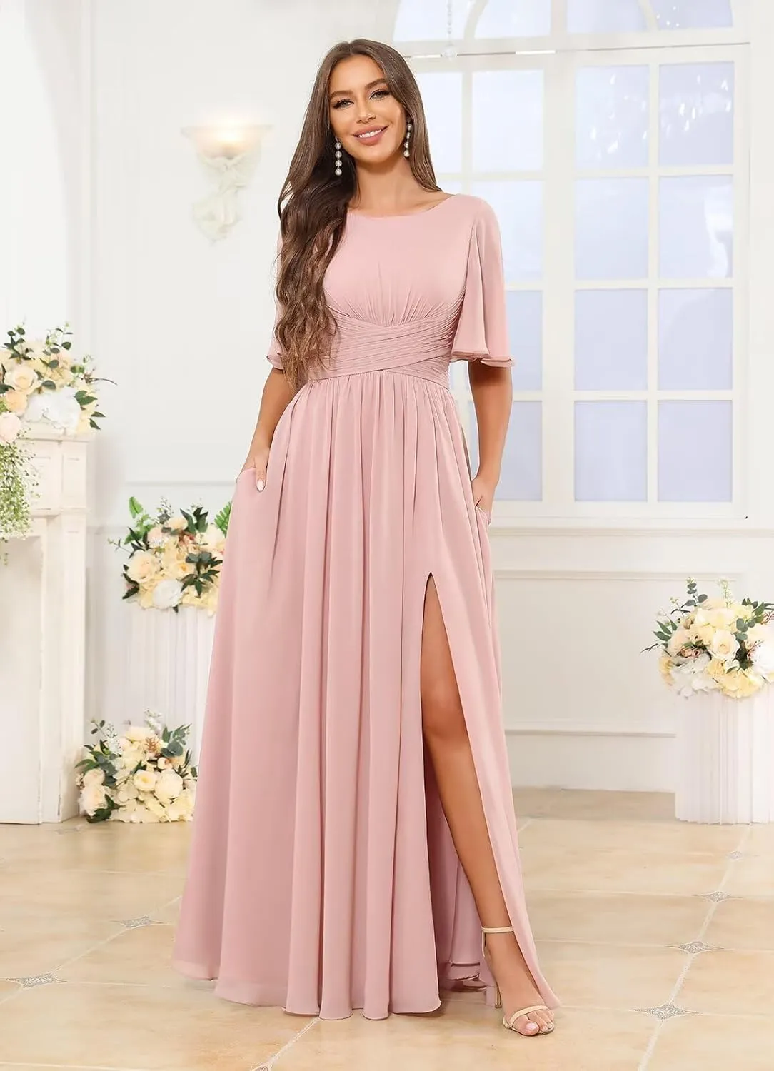 Ruffle Sleeve Chiffon Bridesmaid Dresses with Pockets Slit Long Scoop Neck A Line Wedding Guest Dress