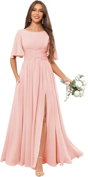 Ruffle Sleeve Chiffon Bridesmaid Dresses with Pockets Slit Long Scoop Neck A Line Wedding Guest Dress