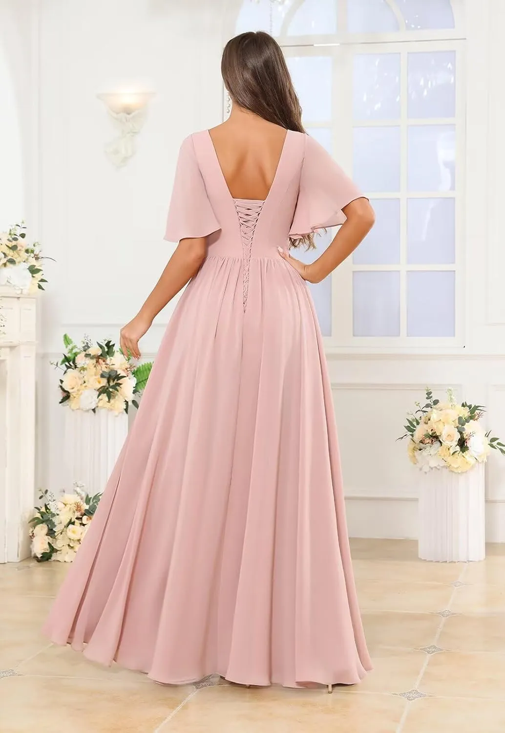Ruffle Sleeve Chiffon Bridesmaid Dresses with Pockets Slit Long Scoop Neck A Line Wedding Guest Dress