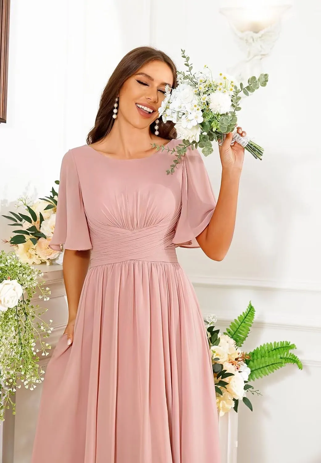 Ruffle Sleeve Chiffon Bridesmaid Dresses with Pockets Slit Long Scoop Neck A Line Wedding Guest Dress