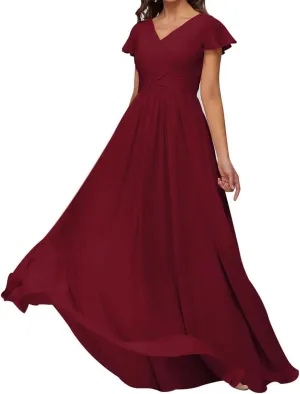 Ruffle Sleeve Prom Dresses V Neck Juniors Bridesmaid Dress Pleated Chiffon Formal Evening Maxi Gowns EZ136