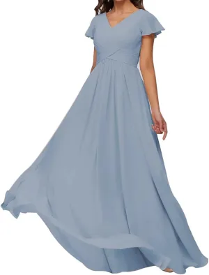 Ruffle Sleeve Prom Dresses V Neck Juniors Bridesmaid Dress Pleated Chiffon Formal Evening Maxi Gowns EZ136