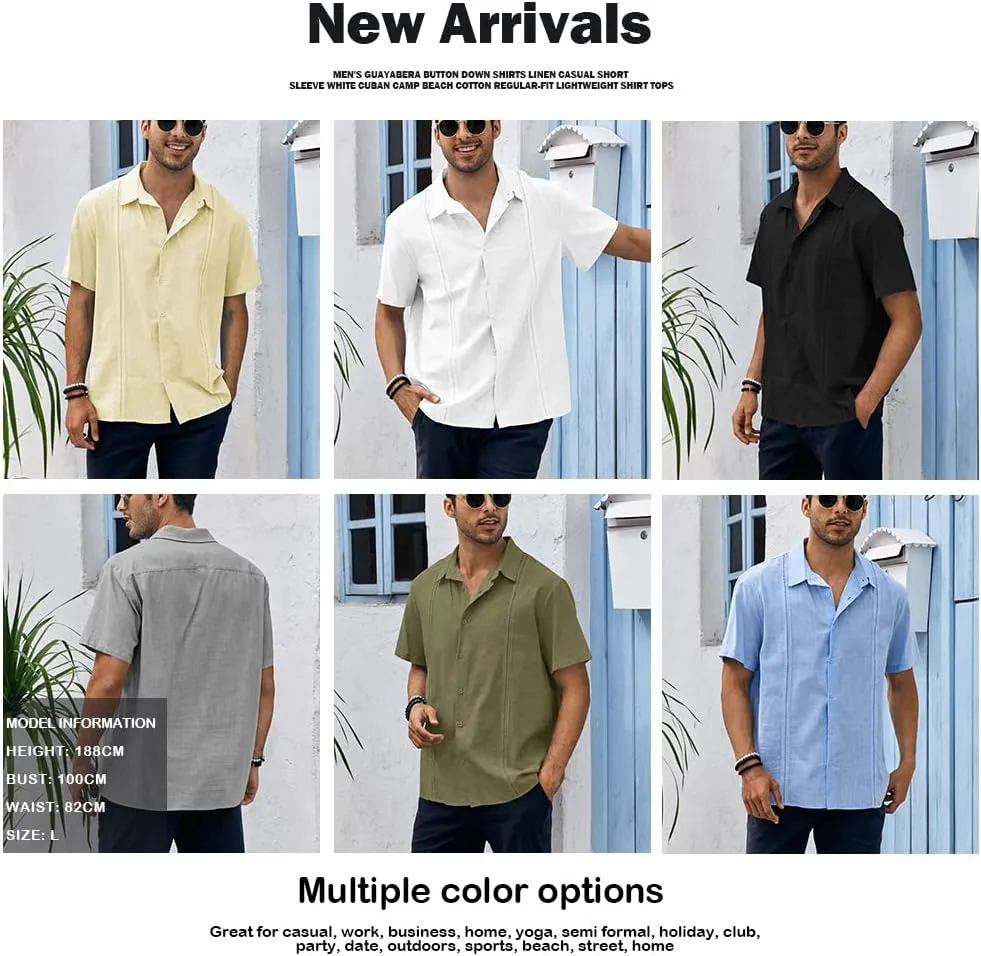 Ryannology Mens Guayabera Shirts Linen Short Sleeve Button Down Casual Beach Cuban Camp Mexican Shirt for Men Khaki