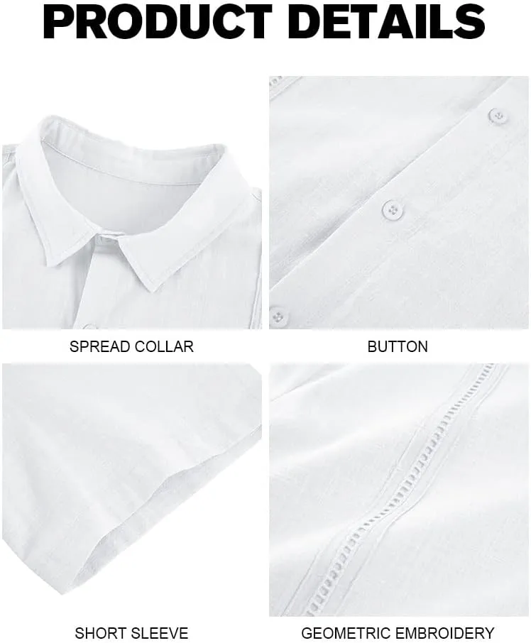 Ryannology Mens Guayabera Shirts Linen Short Sleeve Button Down Casual Beach Cuban Camp Mexican Shirt for Men Khaki