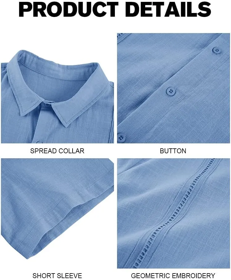Ryannology Mens Guayabera Shirts Linen Short Sleeve Button Down Casual Beach Cuban Camp Mexican Shirt for Men Khaki