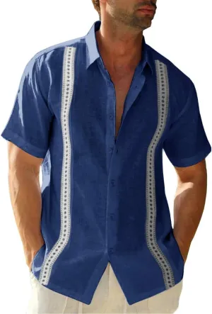 Ryannology Mens Guayabera Shirts Linen Short Sleeve Button Down Casual Beach Cuban Camp Mexican Shirt for Men Khaki