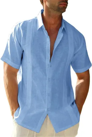 Ryannology Mens Guayabera Shirts Linen Short Sleeve Button Down Casual Beach Cuban Camp Mexican Shirt for Men Khaki