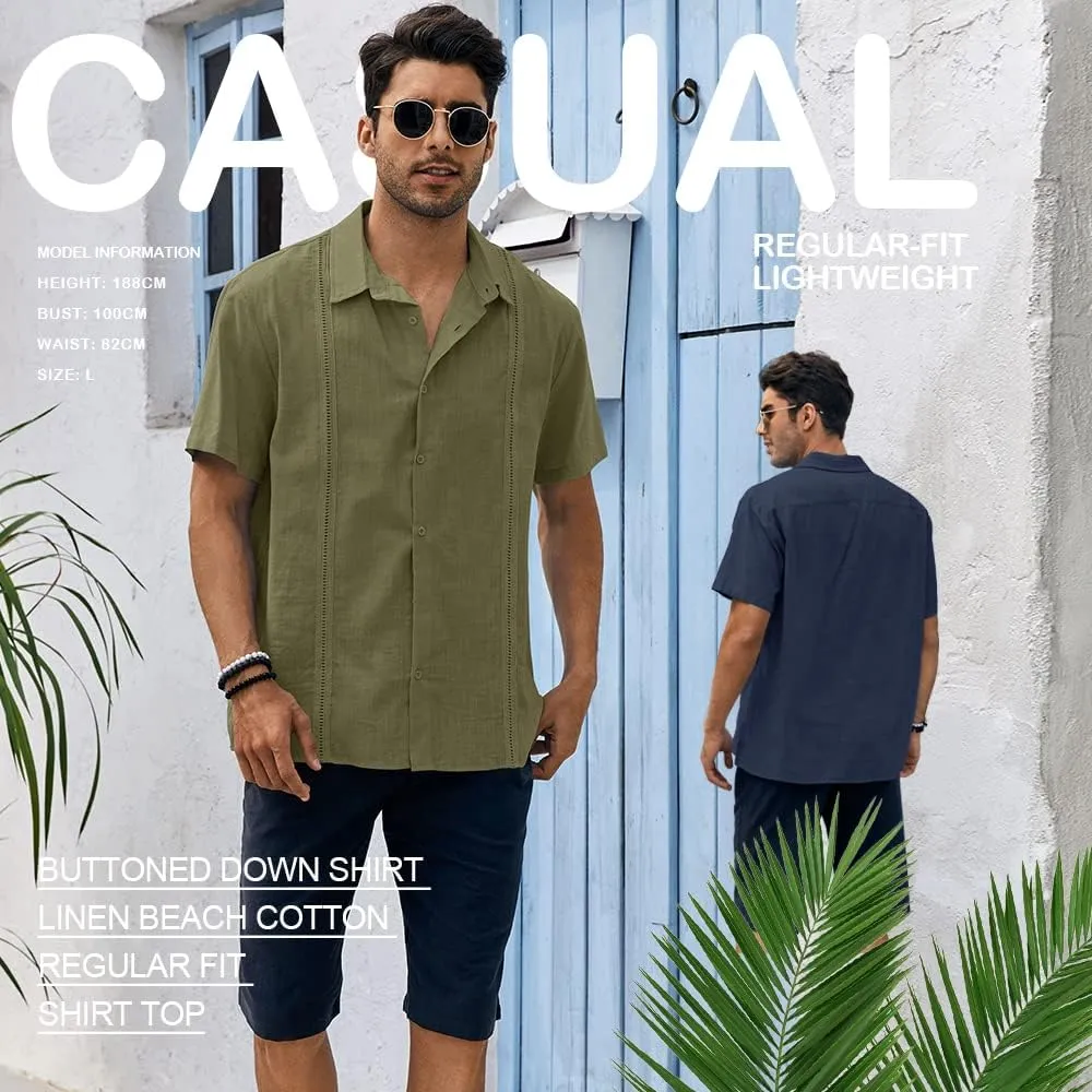 Ryannology Mens Guayabera Shirts Linen Short Sleeve Button Down Casual Beach Cuban Camp Mexican Shirt for Men Khaki