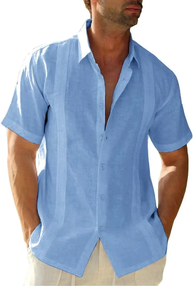 Ryannology Mens Guayabera Shirts Linen Short Sleeve Button Down Casual Beach Cuban Camp Mexican Shirt for Men Khaki