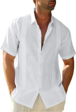 Ryannology Mens Guayabera Shirts Linen Short Sleeve Button Down Casual Beach Cuban Camp Mexican Shirt for Men Khaki