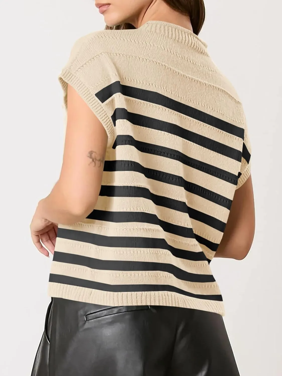 Saodimallsu Womens Striped Sweater Vest Casual Cap Sleeve Knit Summer Tops Crewneck Loose Sleeveless Trendy Tank Top