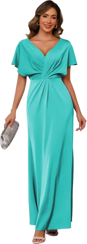 SEIM Women's Satin Mother of The Bride Dresses for Wedding Long V Neck Short Sleeves Formal Evening Dresses SE209