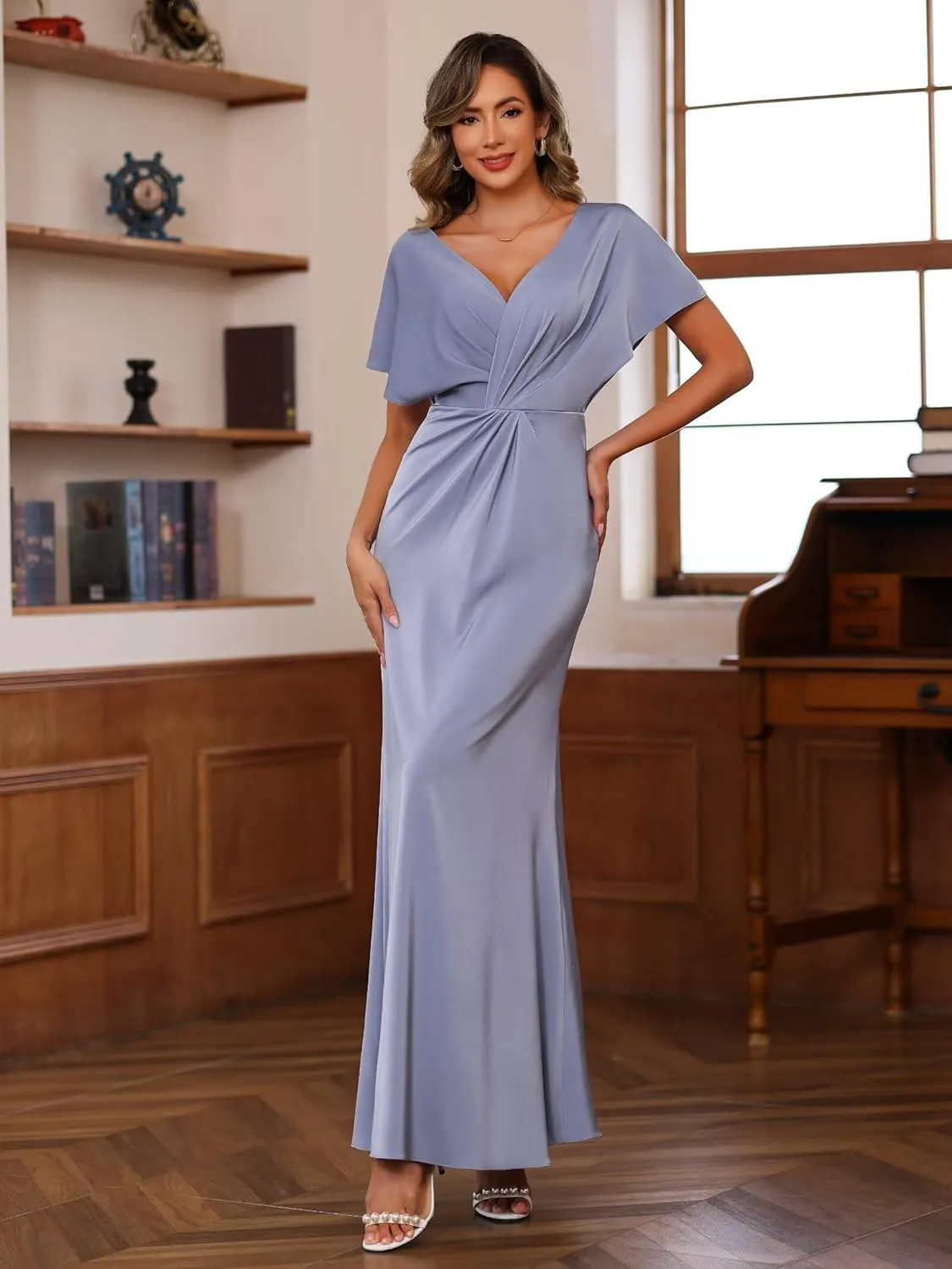 SEIM Women's Satin Mother of The Bride Dresses for Wedding Long V Neck Short Sleeves Formal Evening Dresses SE209