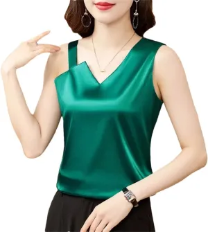 Sexy Casual Pleated Tank Tops Women Fashion Sleeveless Loose Satin Camisole Vest Female Basic Tops Vintage Clothing