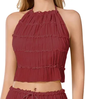 Sexy Open Back Halter Tops for Women Tie Backless Ruffle Crop Tops Sleeveless Pleated Summer Going Out Camisoles