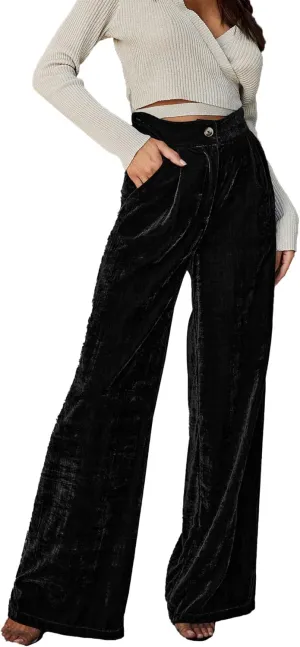 Sexyshine Women's Velvet Flare Leg High Waist Wide Leg Palazzo Pants Bell Bottom Long Flowy Trousers with Pockets