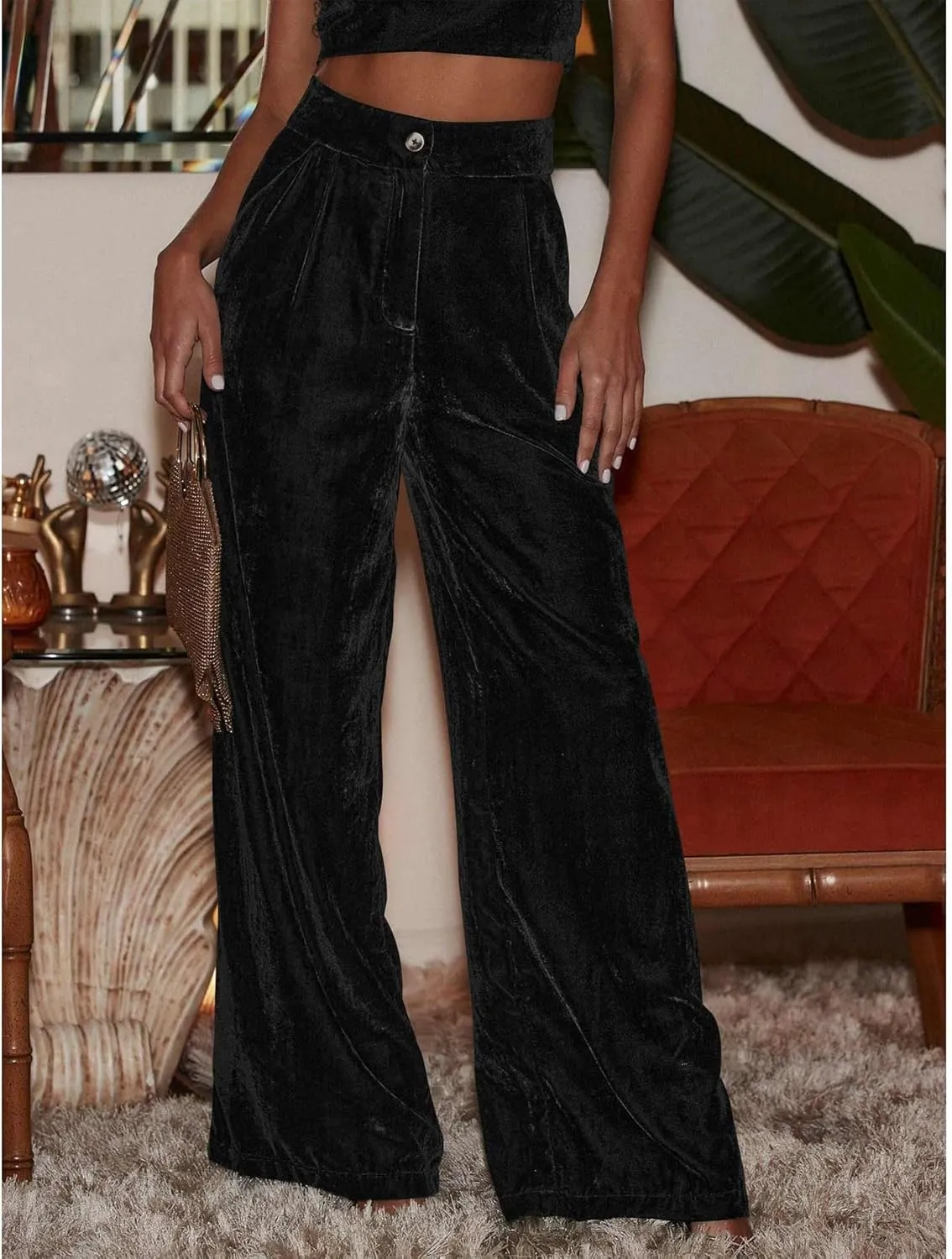 Sexyshine Women's Velvet Flare Leg High Waist Wide Leg Palazzo Pants Bell Bottom Long Flowy Trousers with Pockets