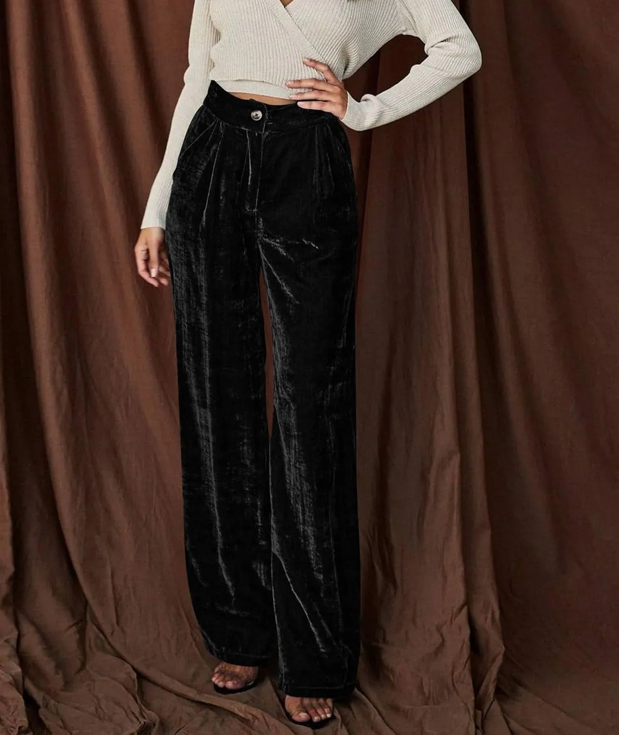 Sexyshine Women's Velvet Flare Leg High Waist Wide Leg Palazzo Pants Bell Bottom Long Flowy Trousers with Pockets