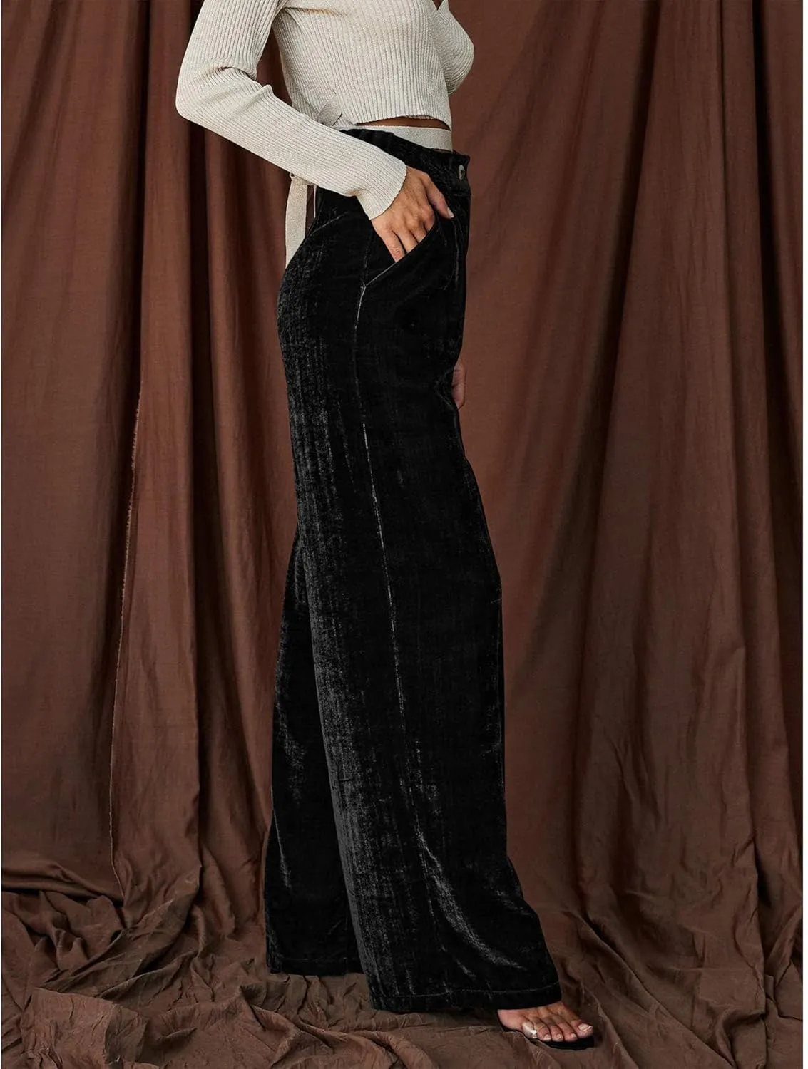 Sexyshine Women's Velvet Flare Leg High Waist Wide Leg Palazzo Pants Bell Bottom Long Flowy Trousers with Pockets