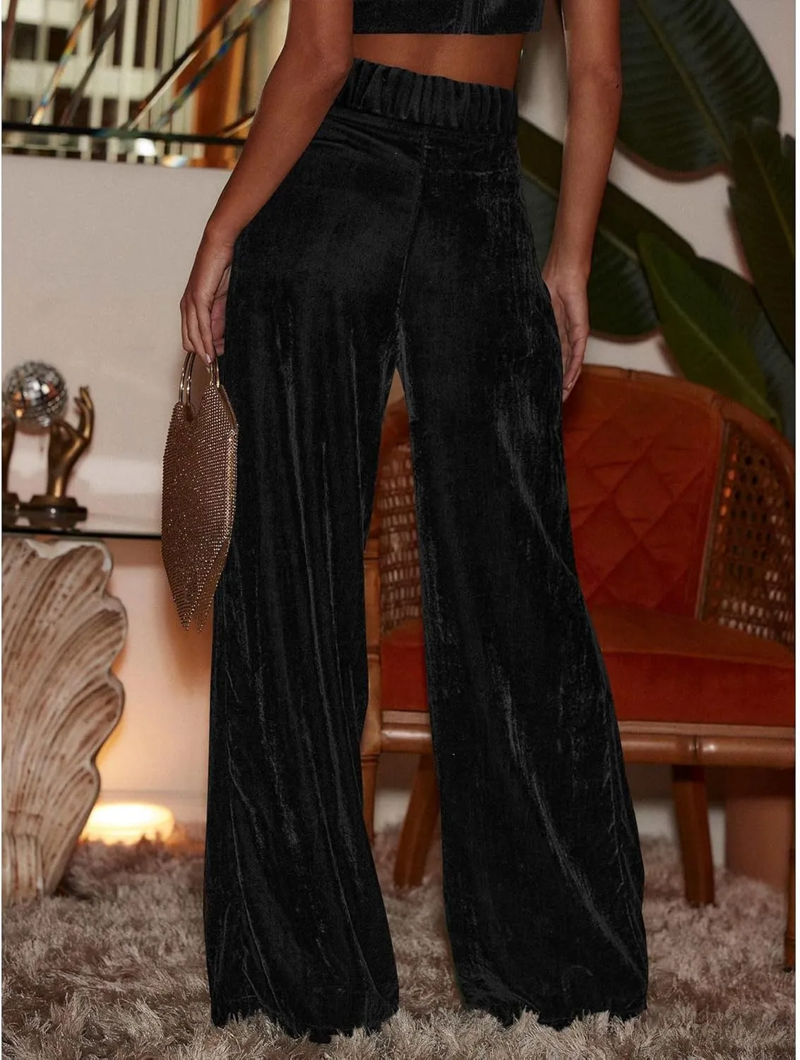 Sexyshine Women's Velvet Flare Leg High Waist Wide Leg Palazzo Pants Bell Bottom Long Flowy Trousers with Pockets
