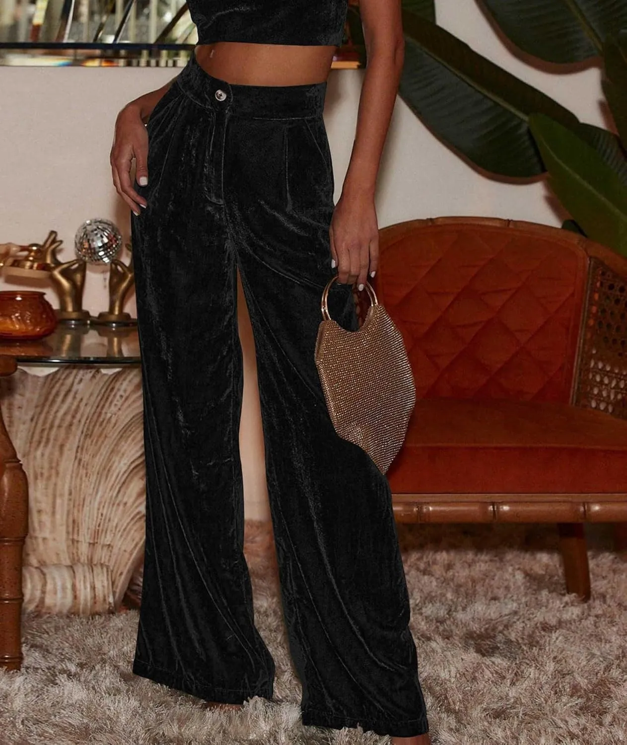 Sexyshine Women's Velvet Flare Leg High Waist Wide Leg Palazzo Pants Bell Bottom Long Flowy Trousers with Pockets