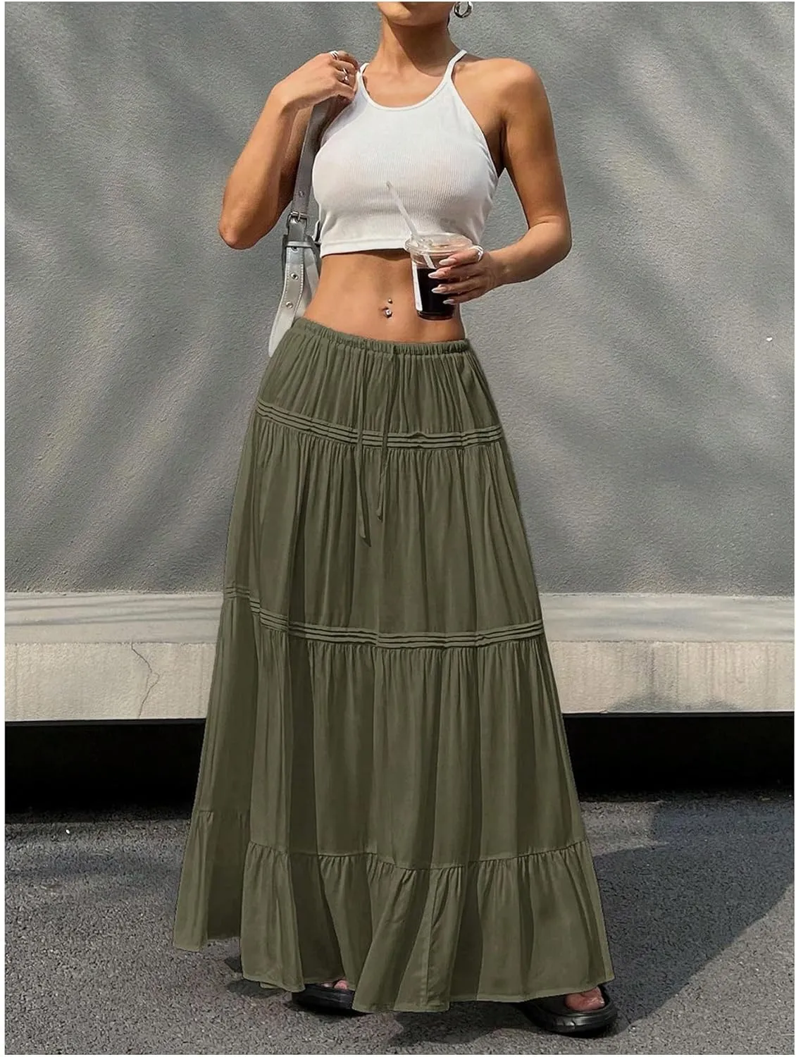 SHENHE Women's Elastic High Waisted A Line Pleated Shirring Midi Long Skirt