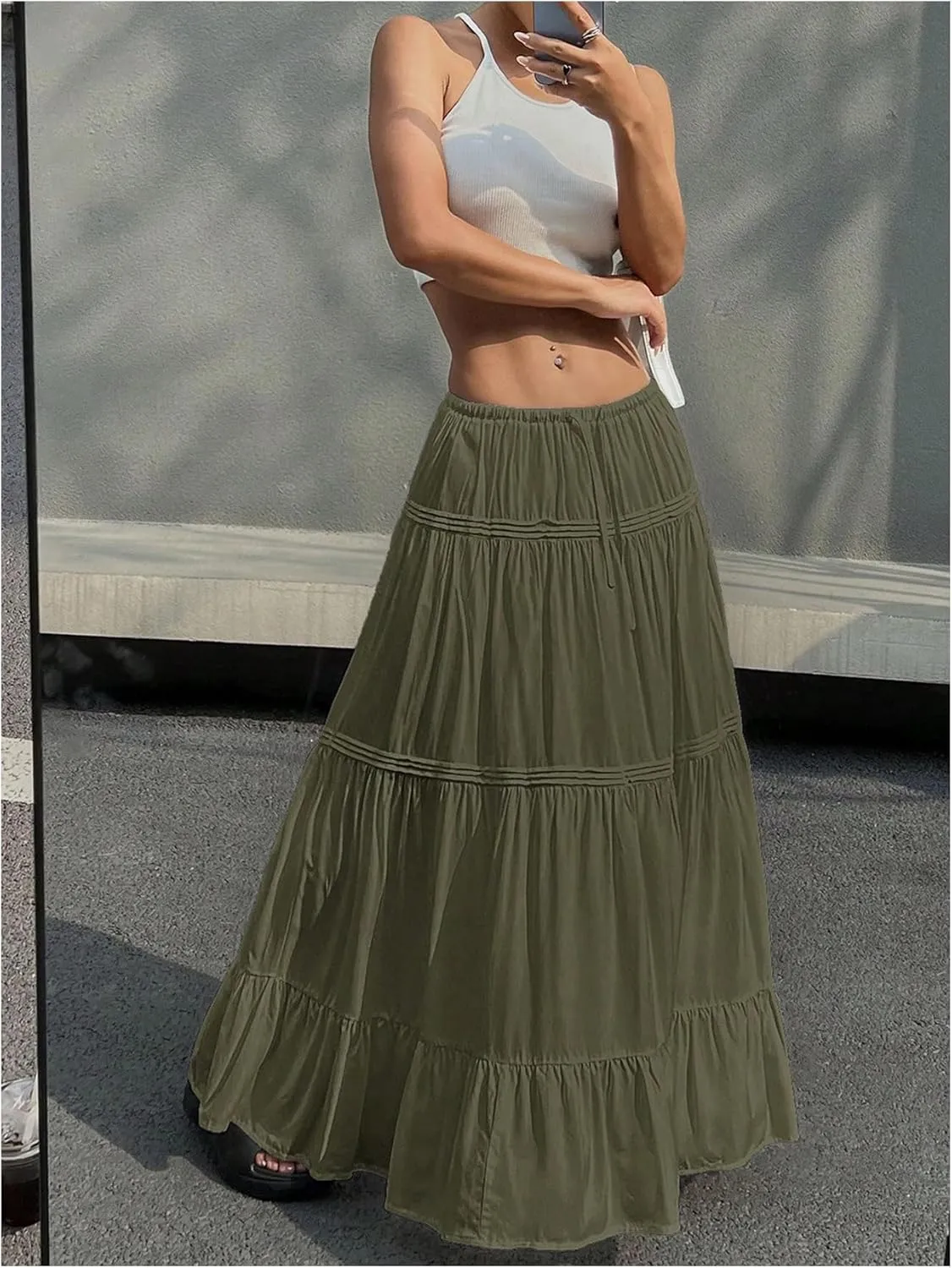 SHENHE Women's Elastic High Waisted A Line Pleated Shirring Midi Long Skirt