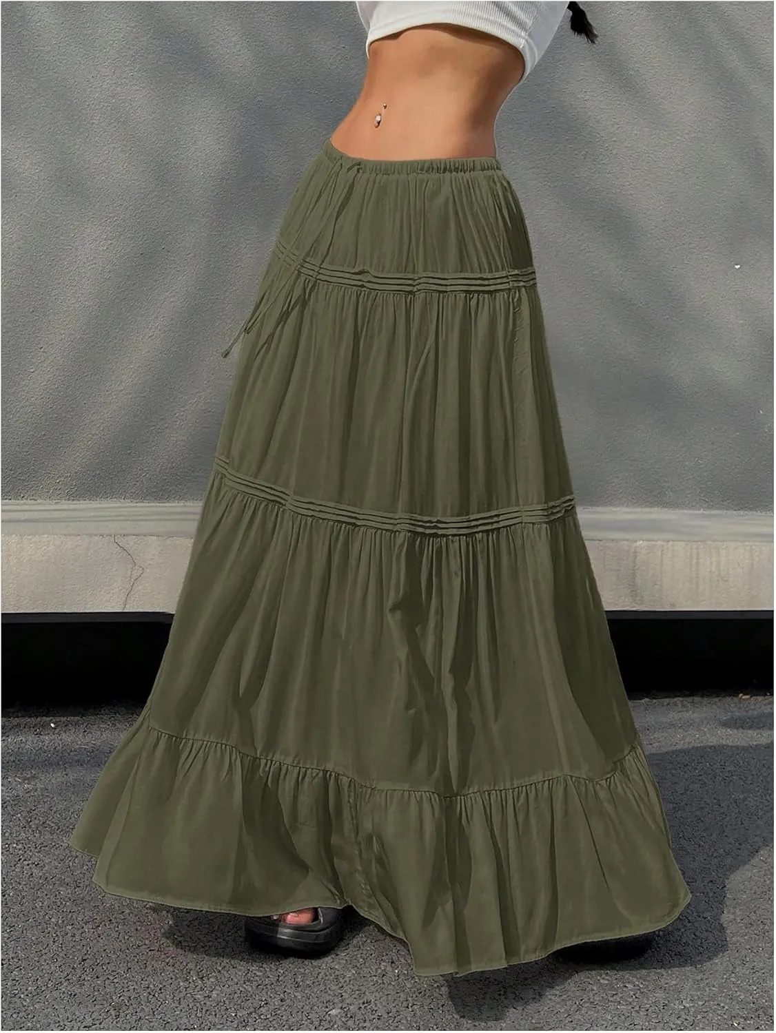 SHENHE Women's Elastic High Waisted A Line Pleated Shirring Midi Long Skirt