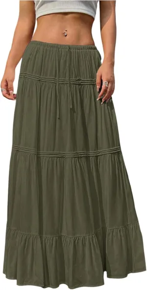 SHENHE Women's Elastic High Waisted A Line Pleated Shirring Midi Long Skirt