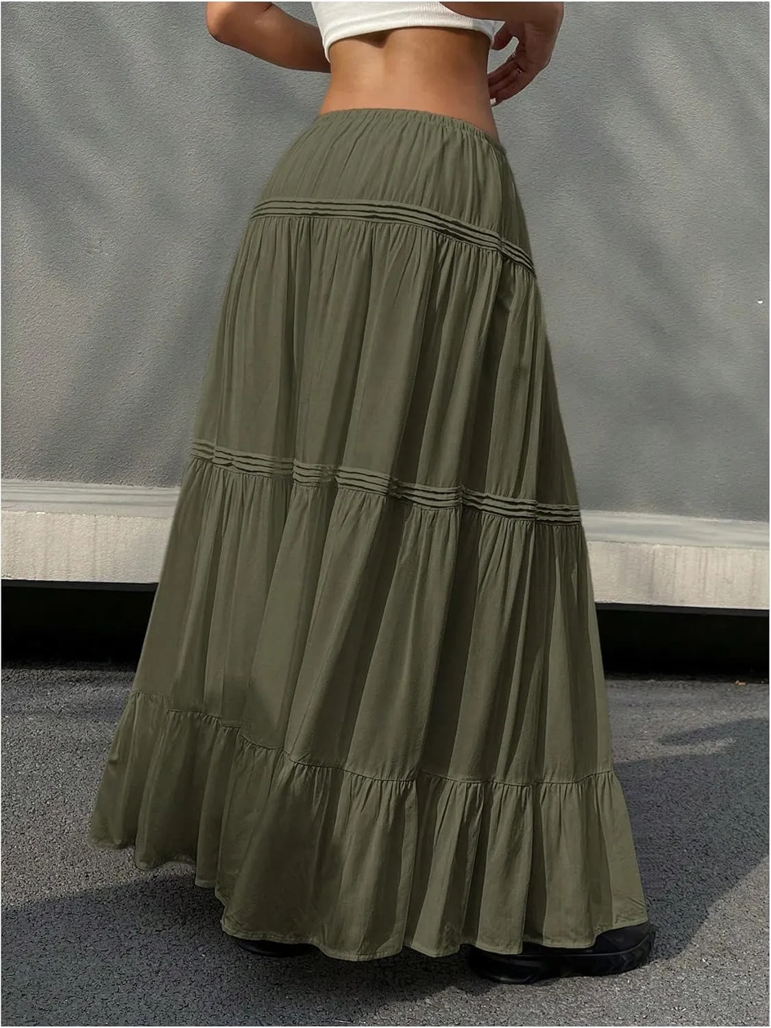 SHENHE Women's Elastic High Waisted A Line Pleated Shirring Midi Long Skirt