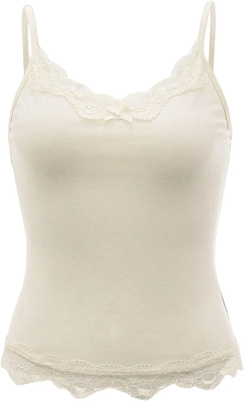 SHENHE Women's Y2K Lace Tank Tops Summer Coquette Bow Sleeveless Spaghetti Strap Lounge Cute Cami Crop Tops