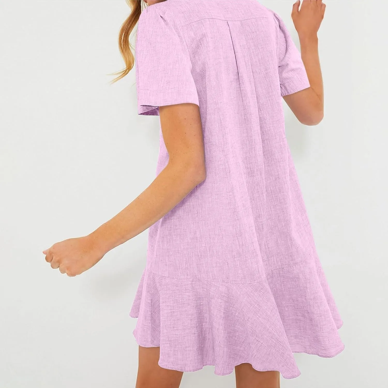 Shift Dress for Women 2025 Tunic Shirt Mini Dress Short Sleeve Cotton Linen Dress Button Up Ruffle Hem Flowy Sundress