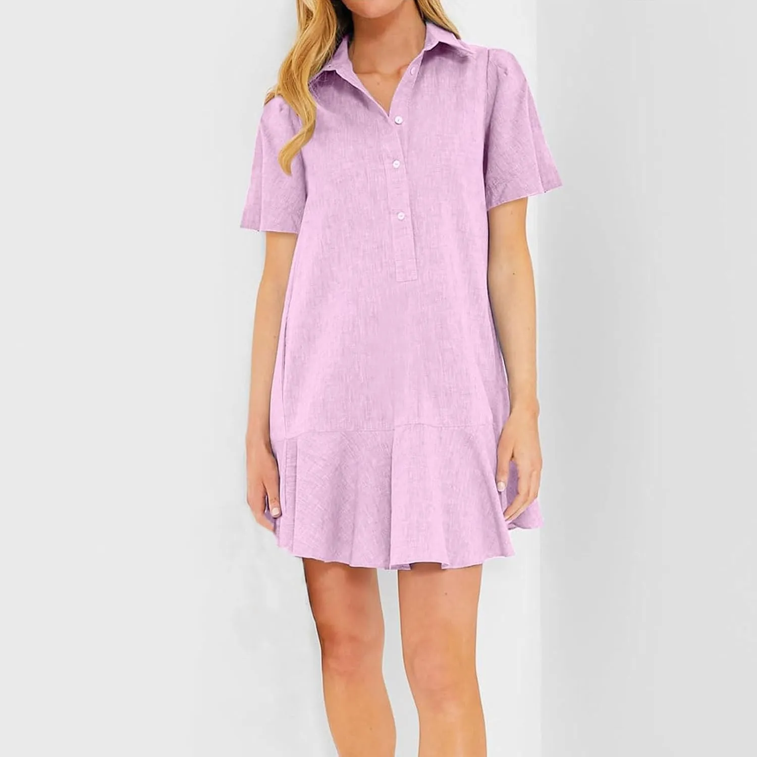 Shift Dress for Women 2025 Tunic Shirt Mini Dress Short Sleeve Cotton Linen Dress Button Up Ruffle Hem Flowy Sundress