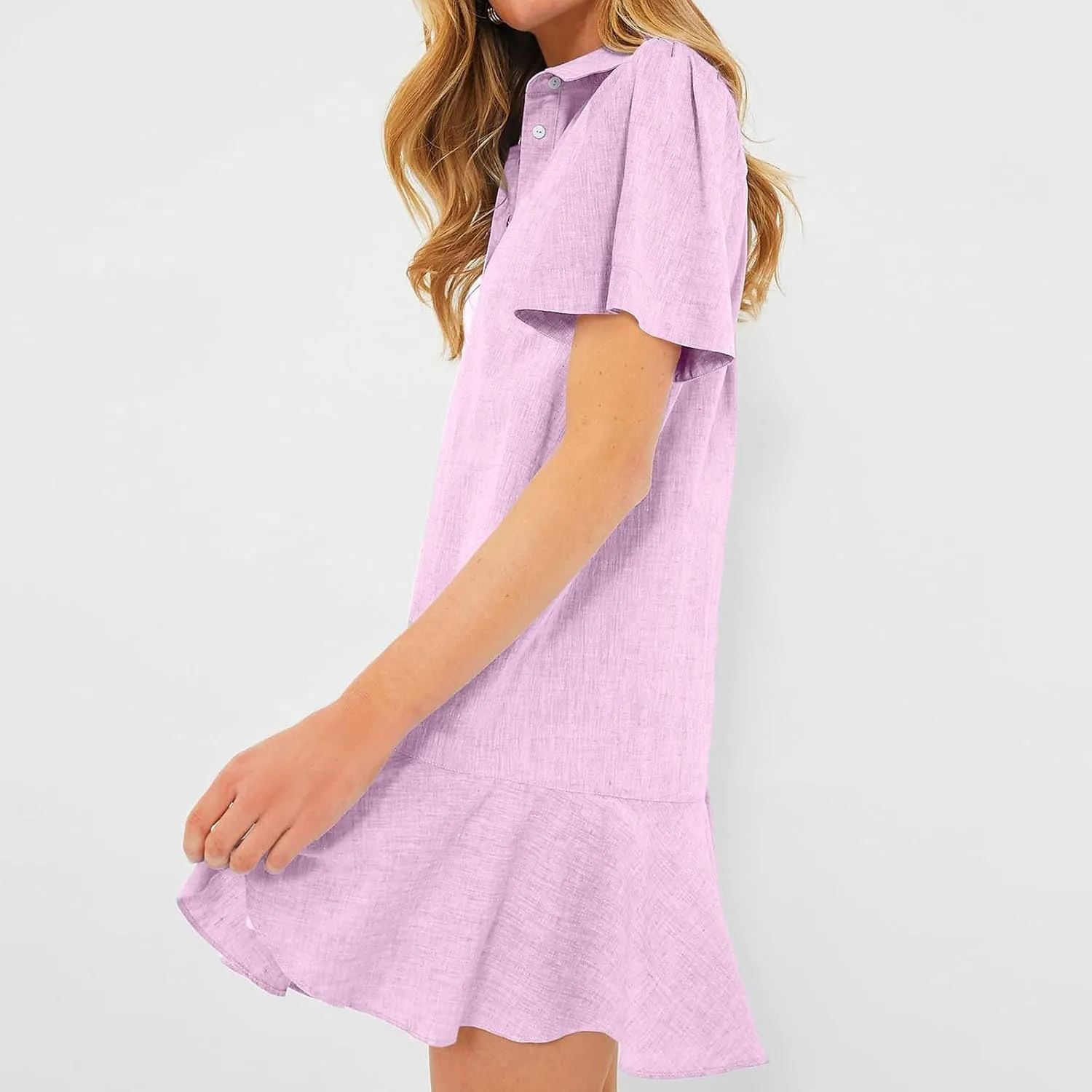 Shift Dress for Women 2025 Tunic Shirt Mini Dress Short Sleeve Cotton Linen Dress Button Up Ruffle Hem Flowy Sundress