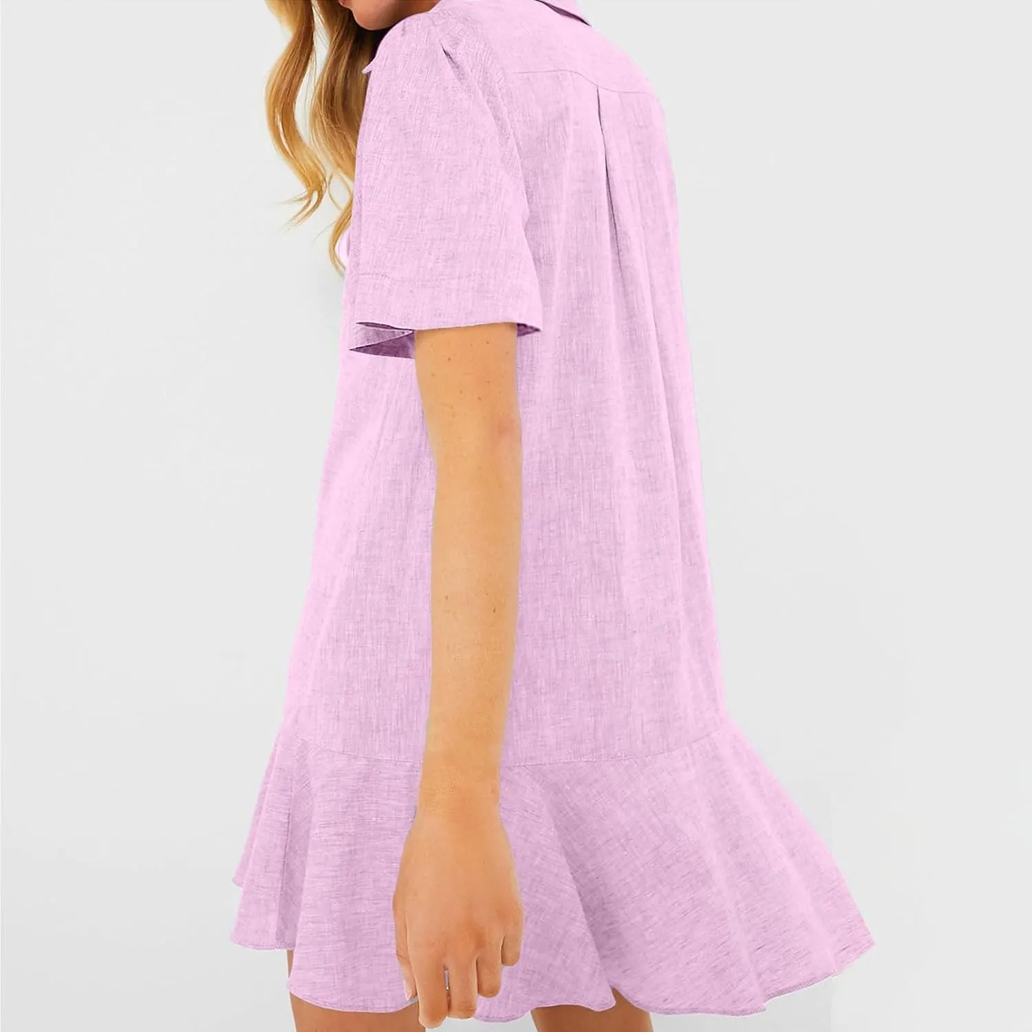 Shift Dress for Women 2025 Tunic Shirt Mini Dress Short Sleeve Cotton Linen Dress Button Up Ruffle Hem Flowy Sundress