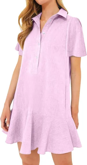 Shift Dress for Women 2025 Tunic Shirt Mini Dress Short Sleeve Cotton Linen Dress Button Up Ruffle Hem Flowy Sundress
