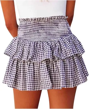 Short Skirts for Women Plaid Mini Skirts Flowy High Waisted Skirts Lace Sexy Skirts Trendy Elastic Tiered Skirt