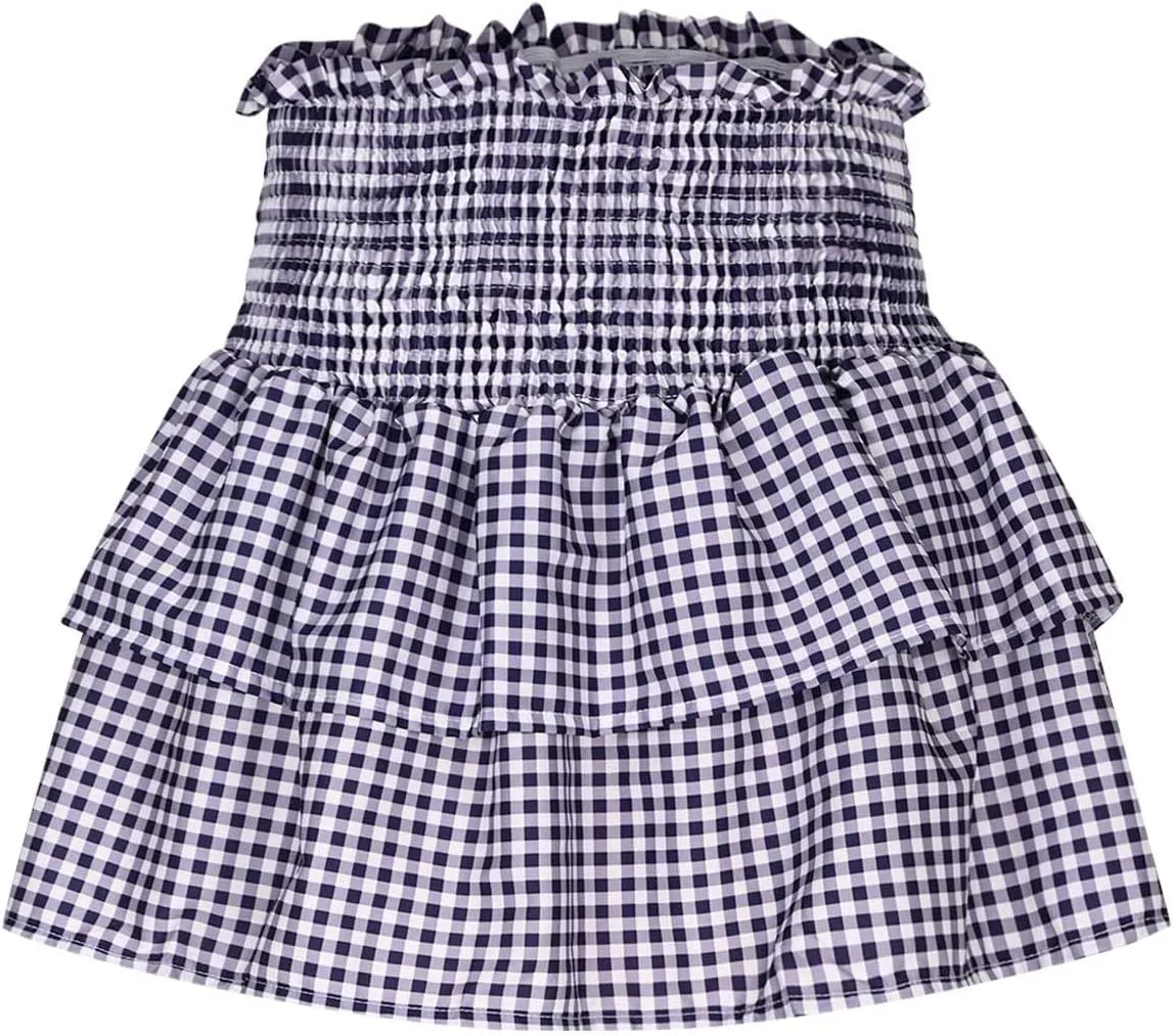 Short Skirts for Women Plaid Mini Skirts Flowy High Waisted Skirts Lace Sexy Skirts Trendy Elastic Tiered Skirt