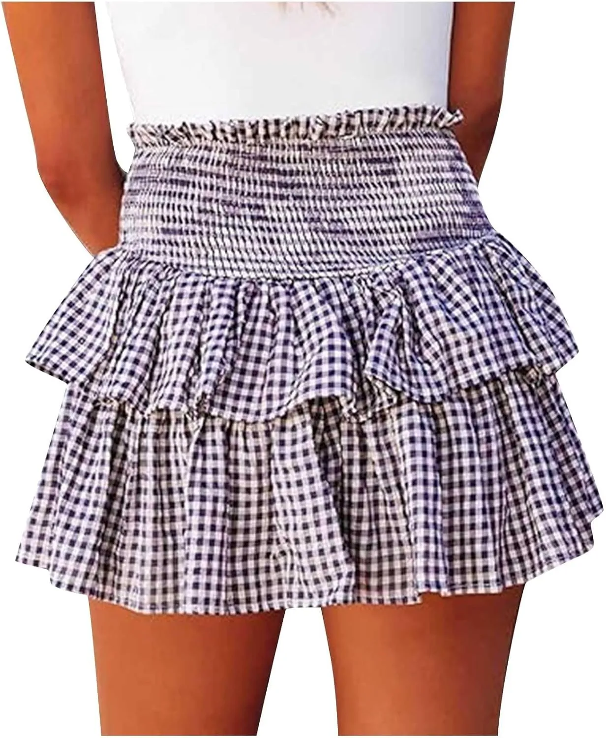 Short Skirts for Women Plaid Mini Skirts Flowy High Waisted Skirts Lace Sexy Skirts Trendy Elastic Tiered Skirt