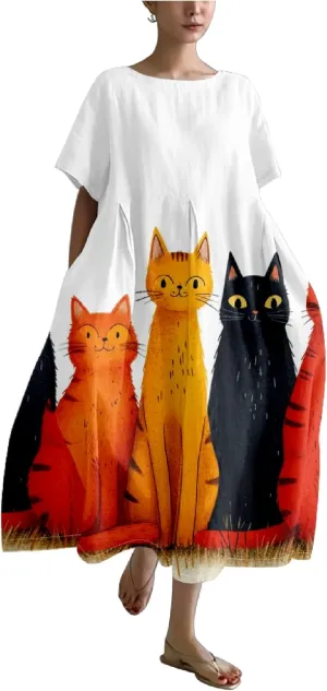 Short Sleeve Maxi Tunic Pleated Crewneck Plus Size Dresses Cotton Casual Loose Fit Plus Size Fall Dresses 2024