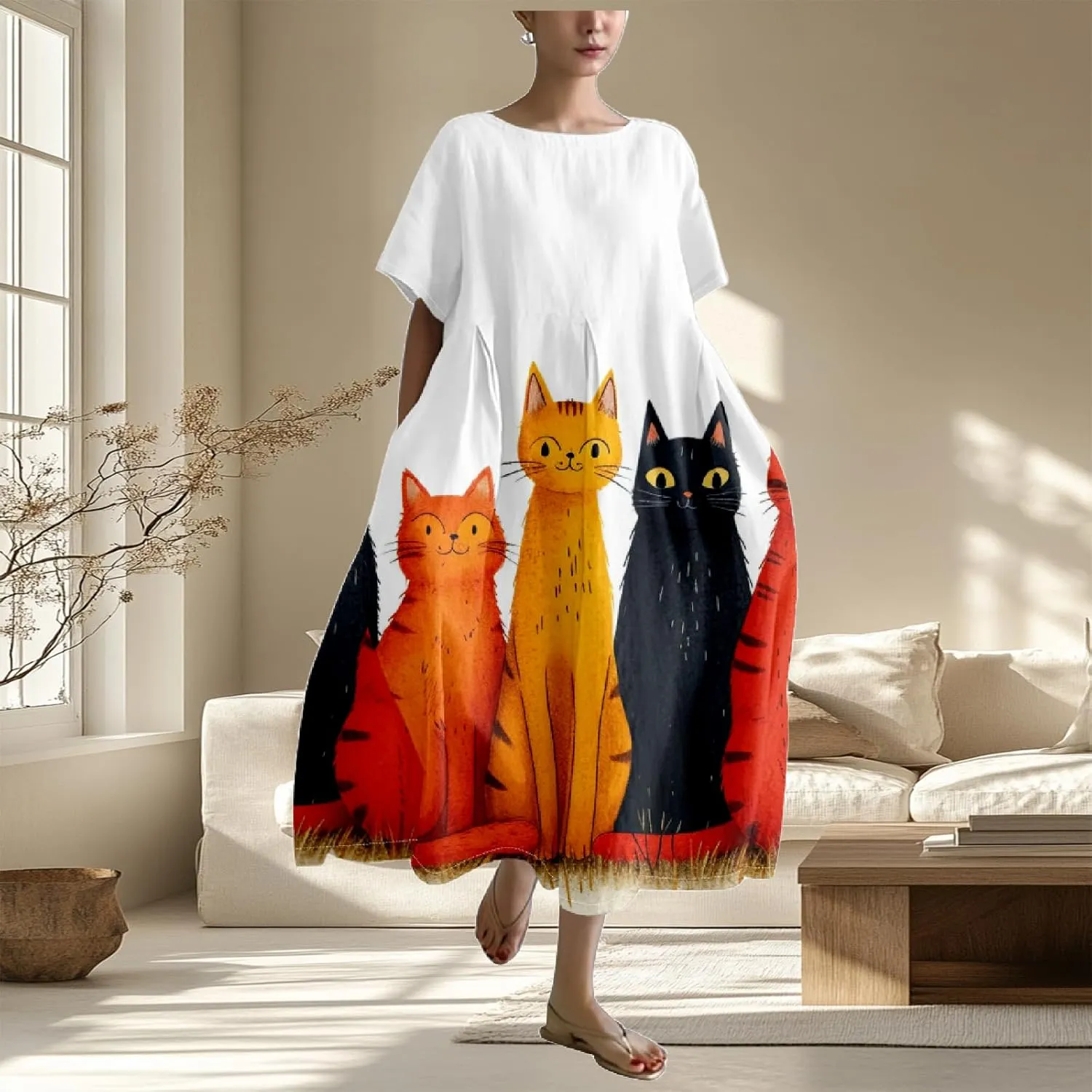 Short Sleeve Maxi Tunic Pleated Crewneck Plus Size Dresses Cotton Casual Loose Fit Plus Size Fall Dresses 2024