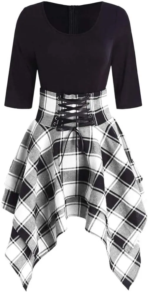 Skater Dresses for Women,Summer Casual Lace-up Gingham Tank Dress High Waist Pleated Dress for School Girl