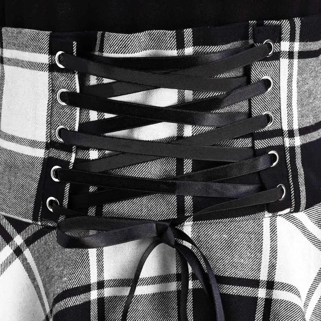 Skater Dresses for Women,Summer Casual Lace-up Gingham Tank Dress High Waist Pleated Dress for School Girl
