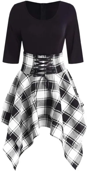 Skater Dresses for Women,Summer Casual Lace-up Gingham Tank Dress High Waist Pleated Dress for School Girl