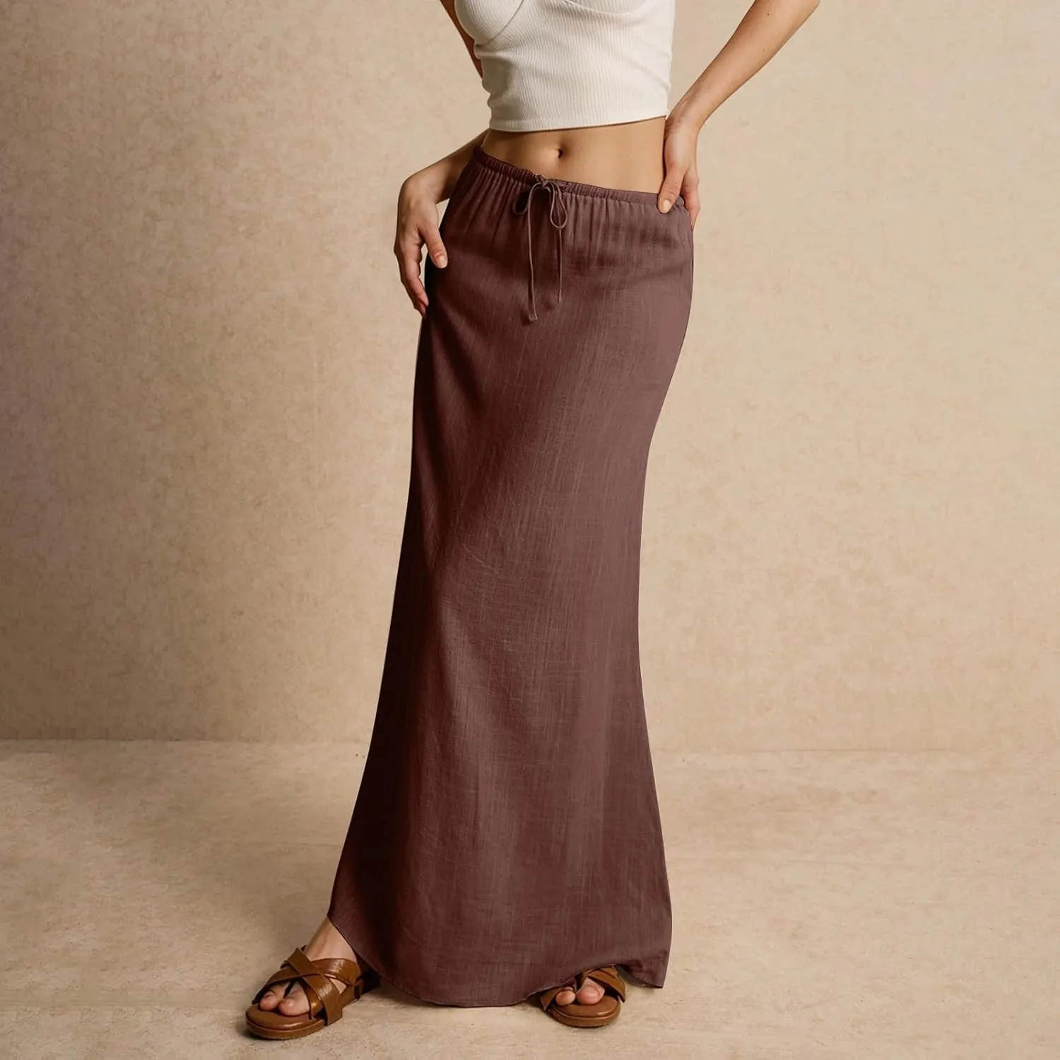 Skirts for Women Trendy Drawstring Low Rise Long Flowy Skirts Summer Womens Linen Maxi Skirt with Slit Plus Size