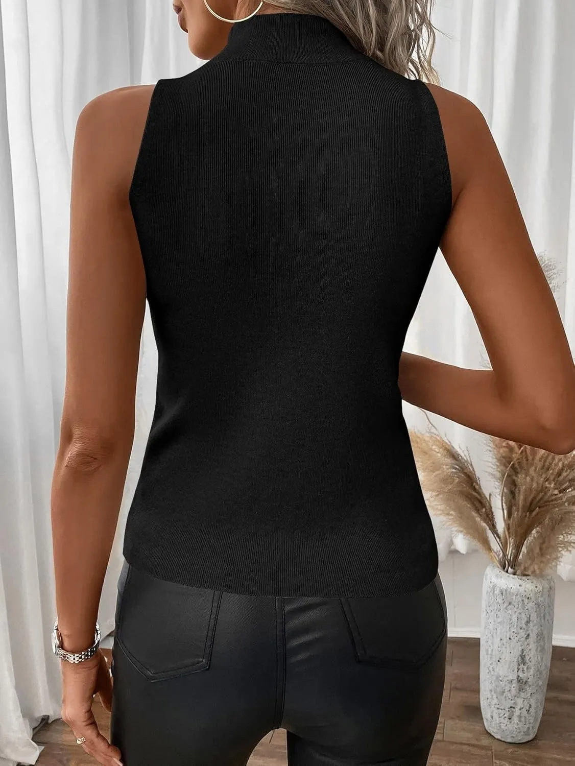 SOLY HUX Women's Mock Turtle Neck Tops Sexy Ribbed Knit Sleeveless Tank Tops Basic Slim Fitted Shirts