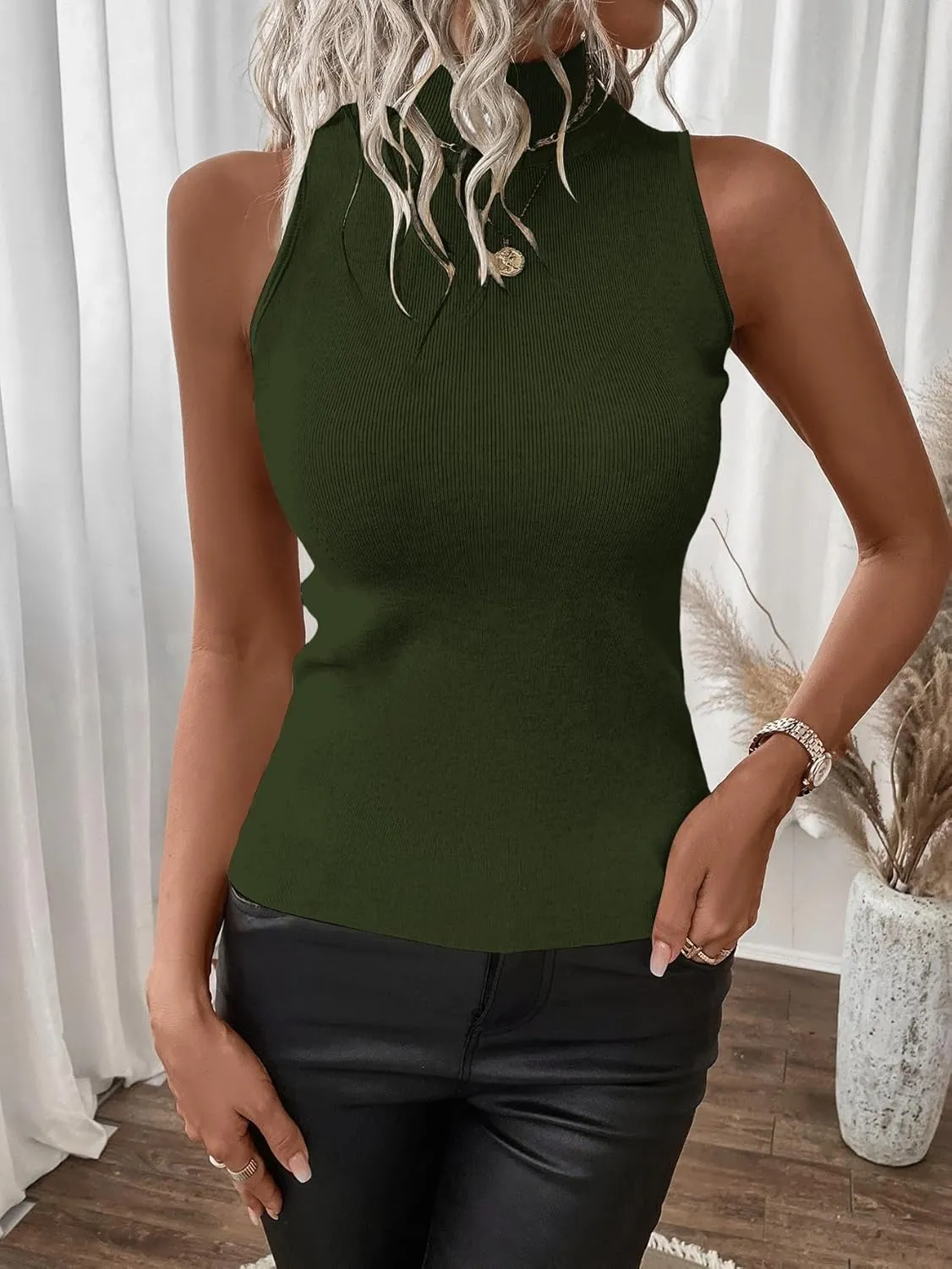 SOLY HUX Women's Mock Turtle Neck Tops Sexy Ribbed Knit Sleeveless Tank Tops Basic Slim Fitted Shirts